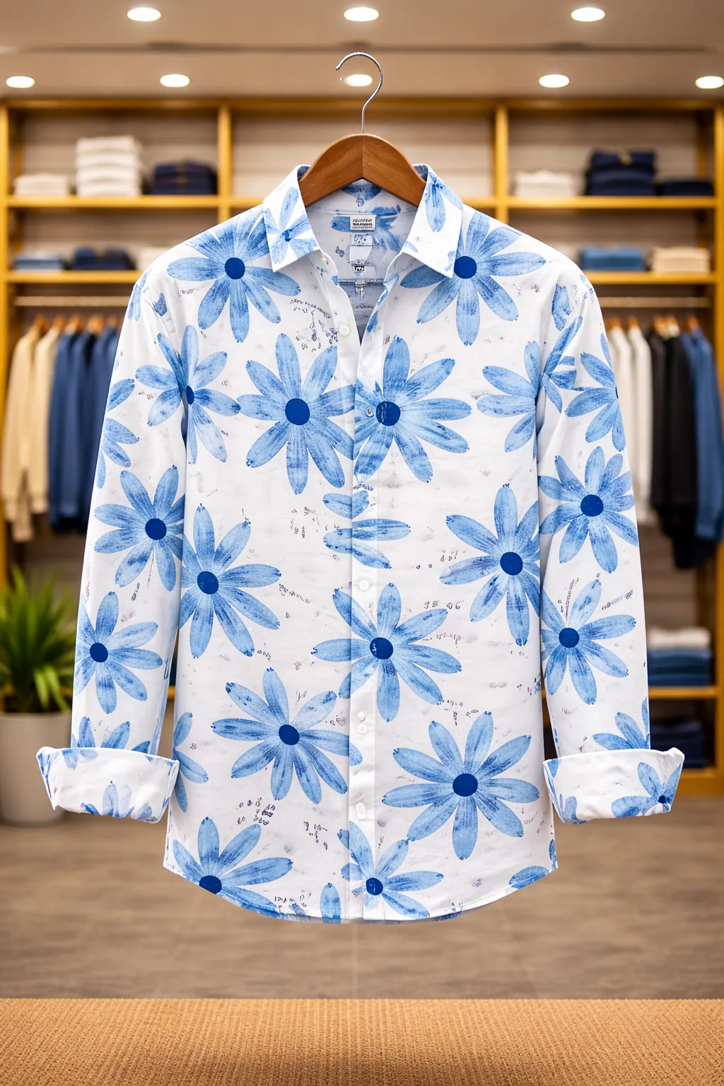 Men's White Shirt with Oversized Blue Floral Print